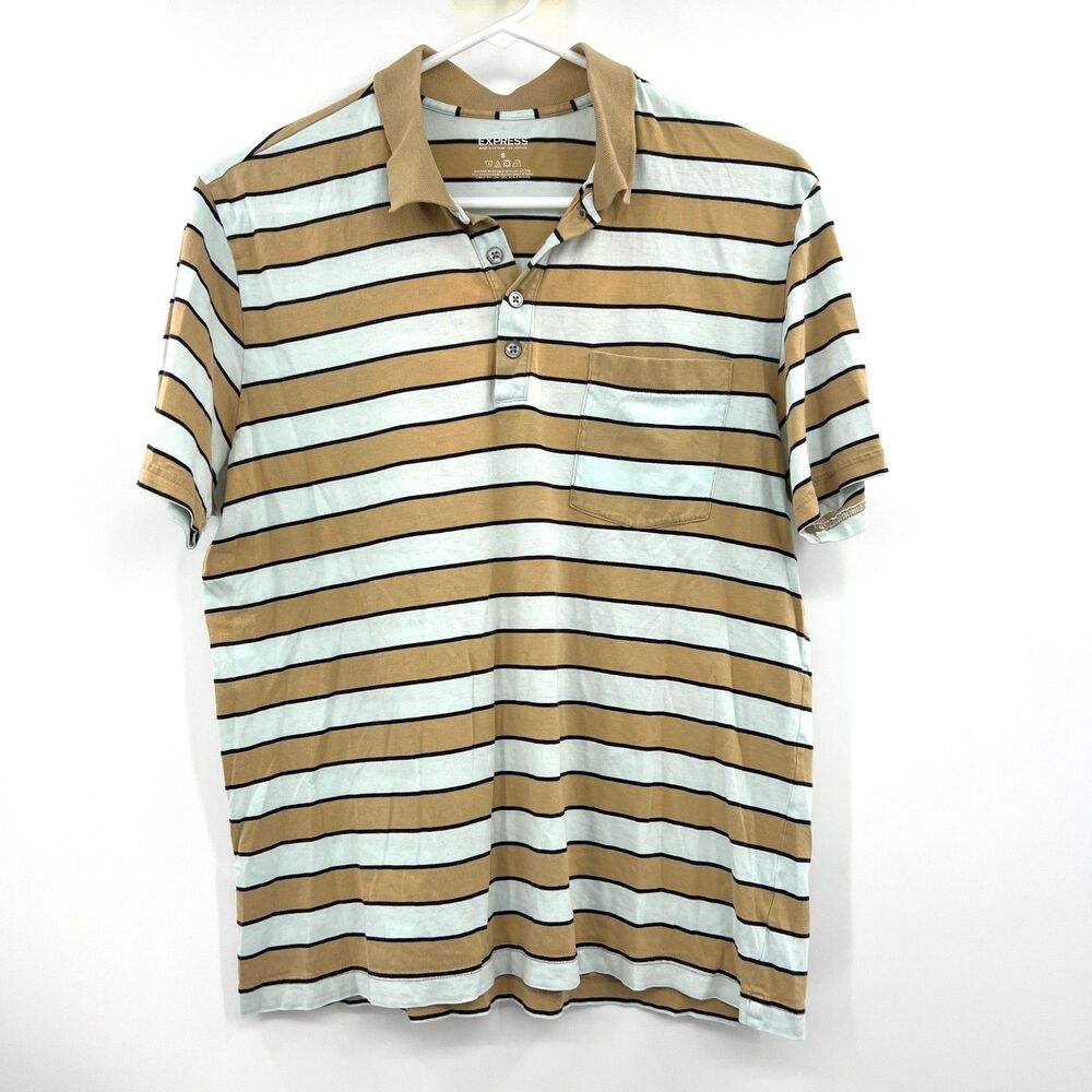 Express Mens S Striped Polo Shirt Short Sleeve Tan Blue 100% Cotton Pocket